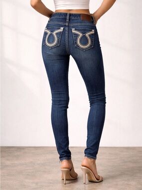 Y2K Dark Wash Embroidered Skinny Jeans Low Rise Indie Grunge